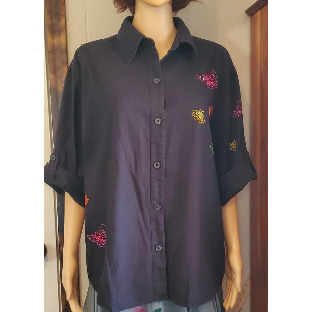 Stonebridge‎ Ladies Black Button Down Blouse With Bright Embroidered Butterflies